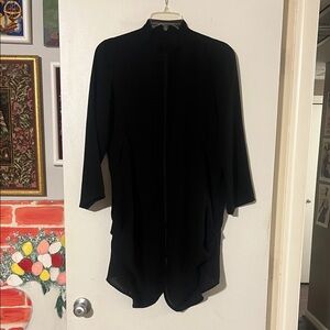 Mariam black collarless zip front asymmetrical light duster